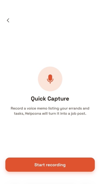 The Helpcona app showing a voice-captured task broken down into a checklist, with a nearby helper suggested for each one
