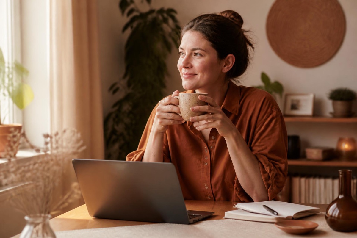 A woman relaxing with a coffee while working from home, task list handled by Helpcona