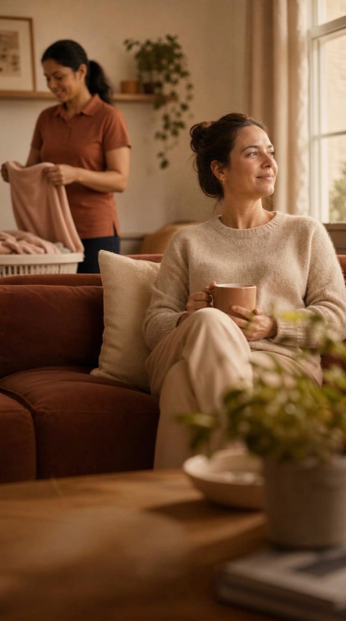 A woman relaxing on the sofa with a coffee while a Helpcona helper folds laundry in the background