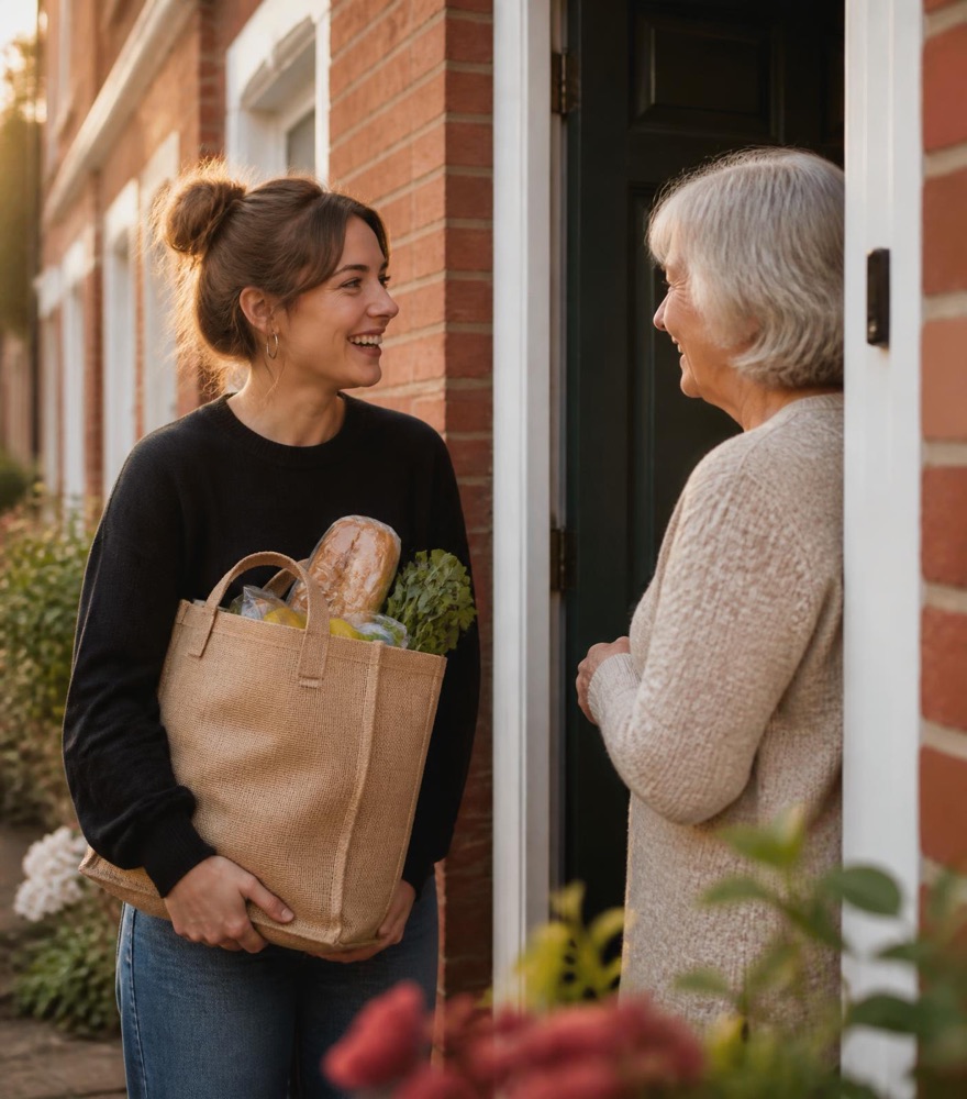 A young helper delivering groceries to an older woman at her front door, both smiling