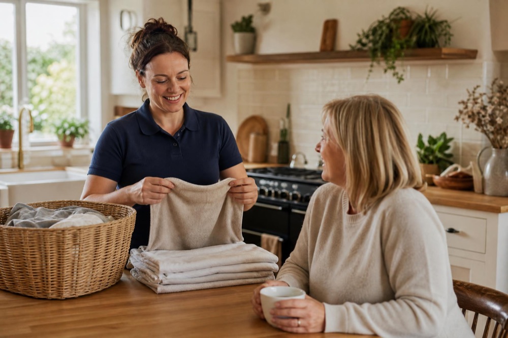 A Helpcona helper folding laundry and chatting warmly with an older client in her kitchen
