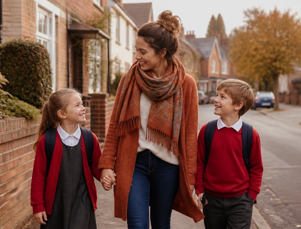 A mum walking two smiling kids to school, the mental load handled by Helpcona
